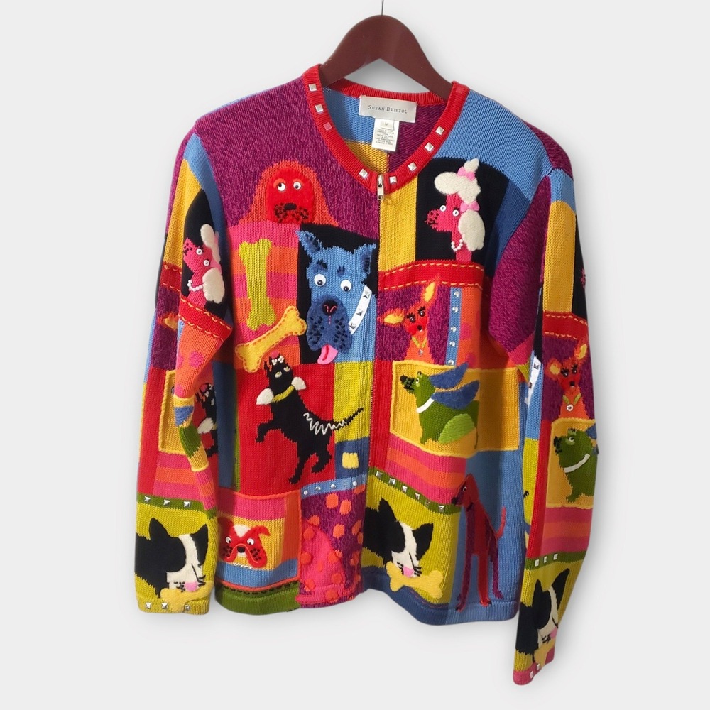 Susan Bristol Vintage Dog Motif Patchwork Studded Zip Up Cardigan Sweater Medium